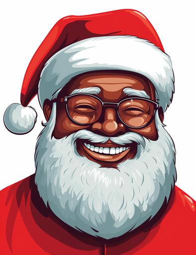 Imagine a heartwarming black Santa Claus with glasses, radiating joy and happiness. Create a round-faced character with a warm, dark skin tone and a thick white beard that contrasts beautifully. Add a Santa hat on his head, colored in vibrant red, and make sure to emphasize his friendly smile. Use a cartoon style with a bold outline, placing the illustration on a white background for a clean and cheerful look. --ar 17:22 --v 5.2