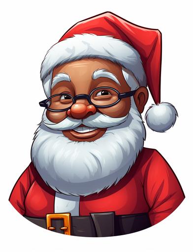 Imagine a heartwarming black Santa Claus with glasses, radiating joy and happiness. Create a round-faced character with a warm, dark skin tone and a thick white beard that contrasts beautifully. Add a Santa hat on his head, colored in vibrant red, and make sure to emphasize his friendly smile. Use a cartoon style with a bold outline, placing the illustration on a white background for a clean and cheerful look. --ar 17:22 --v 5.2
