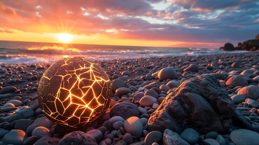 Imagine a mystical scene on a secluded pebble beach at sunset. The sky is ablaze with fiery oranges and soft pinks, casting a warm glow over the serene landscape. In the midst of this tranquil setting, there lies an extraordinary object: a soccer ball, not made of leather or synthetic materials, but carved from ancient, stoneware soccer ball. This is no ordinary ball; it pulses with an inner life, emitting dazzling, multicolored lightning bolts that dance across its surface and illuminate the surrounding pebbles. Each bolt of lightning is a different hue, creating a mesmerizing spectacle of light. The ball seems to hum with energy, suggesting it might be imbued with magical properties. As the sun dips below the horizon, the contrast between the natural calm of the beach and the vibrant, electric energy of the stone soccer ball becomes even more striking, inviting onlookers into a world where magic and reality intertwine. --style raw --ar 16:9 --v 6.0