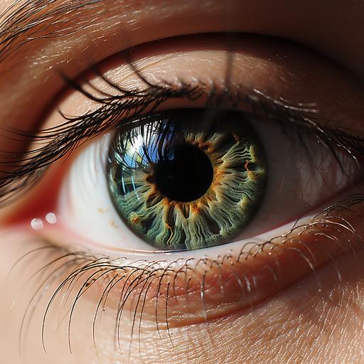 Imagine a photorealistic, natural eye with a green-brown iris. --s 750