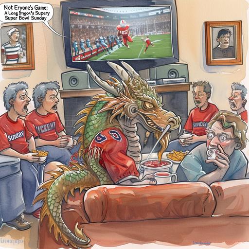 Imagine a political cartoon that humorously captures an anthropomorphic, scaly humanoid American Loong Dragon attending a Super Bowl party at someone's house, visibly out of place and bored amidst the excitement of American football fans. The setting is a cozy living room, filled with enthusiastic guests wearing team jerseys, cheering, and holding snacks typical of such gatherings, like nachos and wings. In the midst of this lively scene, the Loong Dragon is seated on a couch, surrounded by fans but clearly disinterested in the game playing on the large TV in front of them. Its scaly tail is nonchalantly draped over the back of the couch, and it holds a small, elegant teacup, a stark contrast to the beer cans and soda bottles around. Its bored expression is emphasized by its hand propping up its chin, and its eyes, half-lidded, seem to be focused on anything but the TV--perhaps a book lying open in its lap, on topics far removed from football, such as ancient mythology or poetry. One of the partygoers attempts to engage the dragon, offering it a high-five in response to a successful play, but the dragon's response is a polite yet clearly unenthusiastic smile, its hand barely lifting to meet the gesture. A caption below the scene could read, 