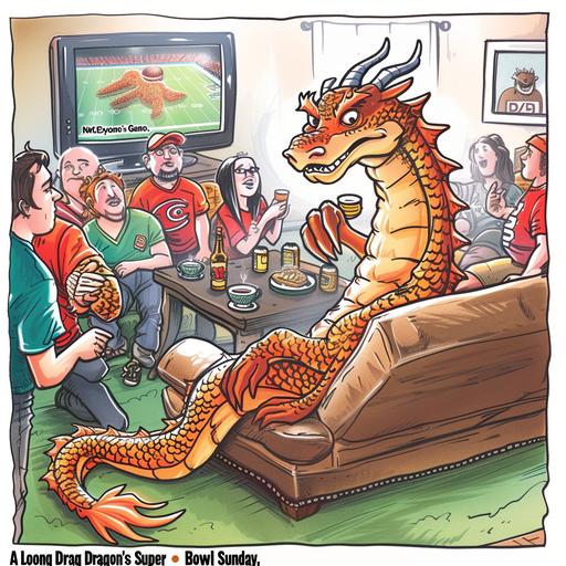 Imagine a political cartoon that humorously captures an anthropomorphic, scaly humanoid American Loong Dragon attending a Super Bowl party at someone's house, visibly out of place and bored amidst the excitement of American football fans. The setting is a cozy living room, filled with enthusiastic guests wearing team jerseys, cheering, and holding snacks typical of such gatherings, like nachos and wings. In the midst of this lively scene, the Loong Dragon is seated on a couch, surrounded by fans but clearly disinterested in the game playing on the large TV in front of them. Its scaly tail is nonchalantly draped over the back of the couch, and it holds a small, elegant teacup, a stark contrast to the beer cans and soda bottles around. Its bored expression is emphasized by its hand propping up its chin, and its eyes, half-lidded, seem to be focused on anything but the TV--perhaps a book lying open in its lap, on topics far removed from football, such as ancient mythology or poetry. One of the partygoers attempts to engage the dragon, offering it a high-five in response to a successful play, but the dragon's response is a polite yet clearly unenthusiastic smile, its hand barely lifting to meet the gesture. A caption below the scene could read, 