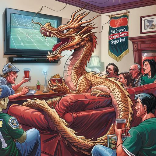 Imagine a political cartoon that humorously captures an anthropomorphic, scaly humanoid American Loong Dragon attending a Super Bowl party at someone's house, visibly out of place and bored amidst the excitement of American football fans. The setting is a cozy living room, filled with enthusiastic guests wearing team jerseys, cheering, and holding snacks typical of such gatherings, like nachos and wings. In the midst of this lively scene, the Loong Dragon is seated on a couch, surrounded by fans but clearly disinterested in the game playing on the large TV in front of them. Its scaly tail is nonchalantly draped over the back of the couch, and it holds a small, elegant teacup, a stark contrast to the beer cans and soda bottles around. Its bored expression is emphasized by its hand propping up its chin, and its eyes, half-lidded, seem to be focused on anything but the TV--perhaps a book lying open in its lap, on topics far removed from football, such as ancient mythology or poetry. One of the partygoers attempts to engage the dragon, offering it a high-five in response to a successful play, but the dragon's response is a polite yet clearly unenthusiastic smile, its hand barely lifting to meet the gesture. A caption below the scene could read, 