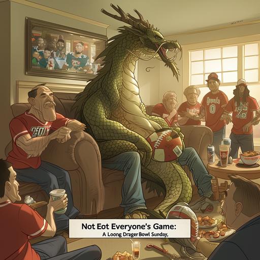 Imagine a political cartoon that humorously captures an anthropomorphic, scaly humanoid American Loong Dragon attending a Super Bowl party at someone's house, visibly out of place and bored amidst the excitement of American football fans. The setting is a cozy living room, filled with enthusiastic guests wearing team jerseys, cheering, and holding snacks typical of such gatherings, like nachos and wings. In the midst of this lively scene, the Loong Dragon is seated on a couch, surrounded by fans but clearly disinterested in the game playing on the large TV in front of them. Its scaly tail is nonchalantly draped over the back of the couch, and it holds a small, elegant teacup, a stark contrast to the beer cans and soda bottles around. Its bored expression is emphasized by its hand propping up its chin, and its eyes, half-lidded, seem to be focused on anything but the TV--perhaps a book lying open in its lap, on topics far removed from football, such as ancient mythology or poetry. One of the partygoers attempts to engage the dragon, offering it a high-five in response to a successful play, but the dragon's response is a polite yet clearly unenthusiastic smile, its hand barely lifting to meet the gesture. A caption below the scene could read, 