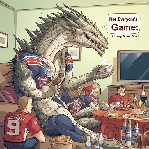 Imagine a political cartoon that humorously captures an anthropomorphic, scaly humanoid American Loong Dragon attending a Super Bowl party at someone's house, visibly out of place and bored amidst the excitement of American football fans. The setting is a cozy living room, filled with enthusiastic guests wearing team jerseys, cheering, and holding snacks typical of such gatherings, like nachos and wings. In the midst of this lively scene, the Loong Dragon is seated on a couch, surrounded by fans but clearly disinterested in the game playing on the large TV in front of them. Its scaly tail is nonchalantly draped over the back of the couch, and it holds a small, elegant teacup, a stark contrast to the beer cans and soda bottles around. Its bored expression is emphasized by its hand propping up its chin, and its eyes, half-lidded, seem to be focused on anything but the TV--perhaps a book lying open in its lap, on topics far removed from football, such as ancient mythology or poetry. One of the partygoers attempts to engage the dragon, offering it a high-five in response to a successful play, but the dragon's response is a polite yet clearly unenthusiastic smile, its hand barely lifting to meet the gesture. A caption below the scene could read, 