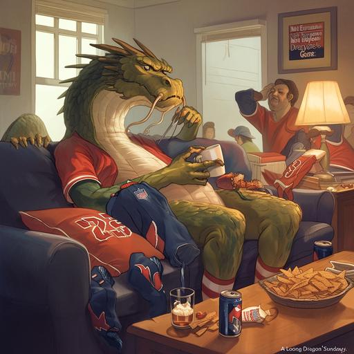 Imagine a political cartoon that humorously captures an anthropomorphic, scaly humanoid American Loong Dragon attending a Super Bowl party at someone's house, visibly out of place and bored amidst the excitement of American football fans. The setting is a cozy living room, filled with enthusiastic guests wearing team jerseys, cheering, and holding snacks typical of such gatherings, like nachos and wings. In the midst of this lively scene, the Loong Dragon is seated on a couch, surrounded by fans but clearly disinterested in the game playing on the large TV in front of them. Its scaly tail is nonchalantly draped over the back of the couch, and it holds a small, elegant teacup, a stark contrast to the beer cans and soda bottles around. Its bored expression is emphasized by its hand propping up its chin, and its eyes, half-lidded, seem to be focused on anything but the TV--perhaps a book lying open in its lap, on topics far removed from football, such as ancient mythology or poetry. One of the partygoers attempts to engage the dragon, offering it a high-five in response to a successful play, but the dragon's response is a polite yet clearly unenthusiastic smile, its hand barely lifting to meet the gesture. A caption below the scene could read, 