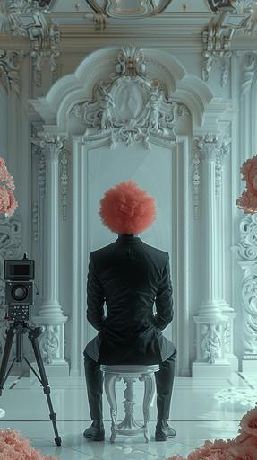 Imagine a scene straight from a Beeple creation: a man dressed in a tailored black suit, his head crowned with an exuberant pink afro, seated casually on an old school Schwinn bicycle in the center of a pristine white room. Beside him, an imposing, vintage camera stands on a tripod, poised as if capturing this moment of surreal contrast. Enhance the setting with dark, enigmatic black Hawaiian jungle flowers that add a natural yet otherworldly element to the composition. Facing the man is a large, ornate mirror, reflecting this bizarre tableau and amplifying the surrealism of the scene, blurring the lines between reality and digital fantasy, 3d rendering with hyper realistic features --ar 9:16 --s 750 --v 6.0 --style raw