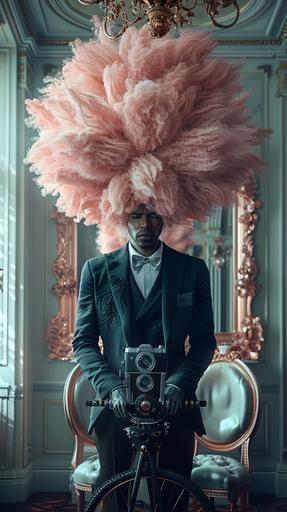 Imagine a scene straight from a Beeple creation: a man dressed in a tailored black suit, his head crowned with an exuberant pink afro, seated casually on an old school Schwinn bicycle in the center of a pristine white room. Beside him, an imposing, vintage camera stands on a tripod, poised as if capturing this moment of surreal contrast. Enhance the setting with dark, enigmatic black Hawaiian jungle flowers that add a natural yet otherworldly element to the composition. Facing the man is a large, ornate mirror, reflecting this bizarre tableau and amplifying the surrealism of the scene, blurring the lines between reality and digital fantasy, 3d rendering with hyper realistic features --ar 9:16 --s 750 --v 6.0 --style raw