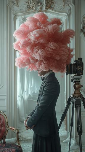 Imagine a scene straight from a Beeple creation: a man dressed in a tailored black suit, his head crowned with an exuberant pink afro, seated casually on an old school Schwinn bicycle in the center of a pristine white room. Beside him, an imposing, vintage camera stands on a tripod, poised as if capturing this moment of surreal contrast. Enhance the setting with dark, enigmatic black Hawaiian jungle flowers that add a natural yet otherworldly element to the composition. Facing the man is a large, ornate mirror, reflecting this bizarre tableau and amplifying the surrealism of the scene, blurring the lines between reality and digital fantasy, 3d rendering with hyper realistic features --ar 9:16 --s 750 --v 6.0 --style raw