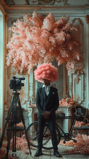 Imagine a scene straight from a Beeple creation: a man dressed in a tailored black suit, his head crowned with an exuberant pink afro, seated casually on an old school Schwinn bicycle in the center of a pristine white room. Beside him, an imposing, vintage camera stands on a tripod, poised as if capturing this moment of surreal contrast. Enhance the setting with dark, enigmatic black Hawaiian jungle flowers that add a natural yet otherworldly element to the composition. Facing the man is a large, ornate mirror, reflecting this bizarre tableau and amplifying the surrealism of the scene, blurring the lines between reality and digital fantasy, 3d rendering with hyper realistic features --ar 9:16 --s 750 --v 6.0 --style raw