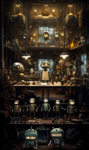 Imagine a scene that embodies a unique blend of futuristic and rustic machinarium aesthetics. In the heart of a cavernous workshop, four quirky and unique robots, each a marvel of engineering and creativity, are hard at work. Their bodies are a fascinating assembly of unconventional materials, each robot a testament to the power of imagination. They are surrounded by a plethora of strange inventions, devices that glow with peculiar lights and emit a hum of energy. The cave around them is a mix of smooth rock and heavily featured areas, the latter housing their dwellings, carved with precision and care into the rock face. Despite the dim light of the cave, their eyes glow with a soft, comforting light, illuminating their ongoing work. This is a scene of organized chaos, a testament to the ingenuity of Onntu's inventors.