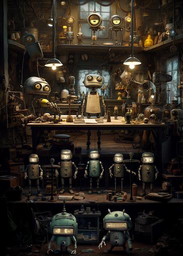 Imagine a scene that embodies a unique blend of futuristic and rustic machinarium aesthetics. In the heart of a cavernous workshop, four quirky and unique robots, each a marvel of engineering and creativity, are hard at work. Their bodies are a fascinating assembly of unconventional materials, each robot a testament to the power of imagination. They are surrounded by a plethora of strange inventions, devices that glow with peculiar lights and emit a hum of energy. The cave around them is a mix of smooth rock and heavily featured areas, the latter housing their dwellings, carved with precision and care into the rock face. Despite the dim light of the cave, their eyes glow with a soft, comforting light, illuminating their ongoing work. This is a scene of organized chaos, a testament to the ingenuity of Onntu's inventors.