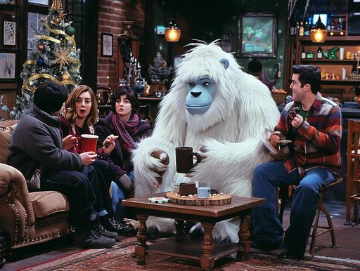 Imagine a sitcom still from a classic Friends episode whimsically titled The One with a Yeti. The scene is set in the iconic Central Perk, transformed for this episode with subtle winter decorations to hint at the yeti theme. The main cast is gathered on and around their usual couch, their expressions a mix of shock, amusement, and curiosity, as they encounter their newest, most unusual guest: a Yeti. In the center of the shot, the Yeti sits awkwardly on the small armchair opposite the couch, trying to blend in despite its massive size and fluffy appearance. The Yeti is holding a large coffee mug with both hands, mimicking the friends' love for coffee in a comedic attempt to fit into the group. Its fur is lightly dusted with fake snow, adding to the comedic effect of its sudden appearance in the urban setting of New York City. To the Yeti's right, Ross is enthusiastically explaining something, perhaps a scientific fact about Yetis, using exaggerated hand gestures, his face alight with the joy of sharing knowledge. Meanwhile, Rachel and Monica are sitting close together on the couch, Rachel with a hand over her mouth to stifle her laughter, and Monica leaning in, intrigued by the Yeti's story, perhaps even offering to tidy up its fur. Joey, always the joker, is trying on the Yeti's oversized winter hat, his expression one of complete delight as he finds yet another opportunity for humor. Chandler is next to him, delivering a sarcastic comment with his signature eye roll, yet unable to hide a smirk at Joey's antics. Phoebe, sitting on the floor in front of the coffee table, strums her guitar, serenading the Yeti with a song she's just made up about its journey from the Himalayas to Central Perk, her voice filled with warmth and welcome. In the background, Gunther [...]