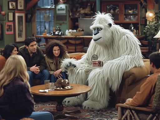 Imagine a sitcom still from a classic Friends episode whimsically titled The One with a Yeti. The scene is set in the iconic Central Perk, transformed for this episode with subtle winter decorations to hint at the yeti theme. The main cast is gathered on and around their usual couch, their expressions a mix of shock, amusement, and curiosity, as they encounter their newest, most unusual guest: a Yeti. In the center of the shot, the Yeti sits awkwardly on the small armchair opposite the couch, trying to blend in despite its massive size and fluffy appearance. The Yeti is holding a large coffee mug with both hands, mimicking the friends' love for coffee in a comedic attempt to fit into the group. Its fur is lightly dusted with fake snow, adding to the comedic effect of its sudden appearance in the urban setting of New York City. To the Yeti's right, Ross is enthusiastically explaining something, perhaps a scientific fact about Yetis, using exaggerated hand gestures, his face alight with the joy of sharing knowledge. Meanwhile, Rachel and Monica are sitting close together on the couch, Rachel with a hand over her mouth to stifle her laughter, and Monica leaning in, intrigued by the Yeti's story, perhaps even offering to tidy up its fur. Joey, always the joker, is trying on the Yeti's oversized winter hat, his expression one of complete delight as he finds yet another opportunity for humor. Chandler is next to him, delivering a sarcastic comment with his signature eye roll, yet unable to hide a smirk at Joey's antics. Phoebe, sitting on the floor in front of the coffee table, strums her guitar, serenading the Yeti with a song she's just made up about its journey from the Himalayas to Central Perk, her voice filled with warmth and welcome. In the background, Gunther [...]