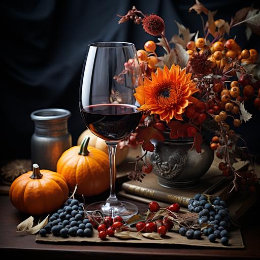 Imagine a typical still life for the month of November: brown leaves and branches, berries in dark red, a glass of red wine, crysanthemums, small orange pumpkins, dark green branches, dark blue elements, gray table, photorealistic --s 750
