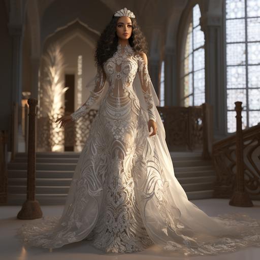 Imagine a very beautiful young Egyptian girl wearing a white and silver wedding dress, embroidered with lace and satin Inspired by mermaids ball gown V 4