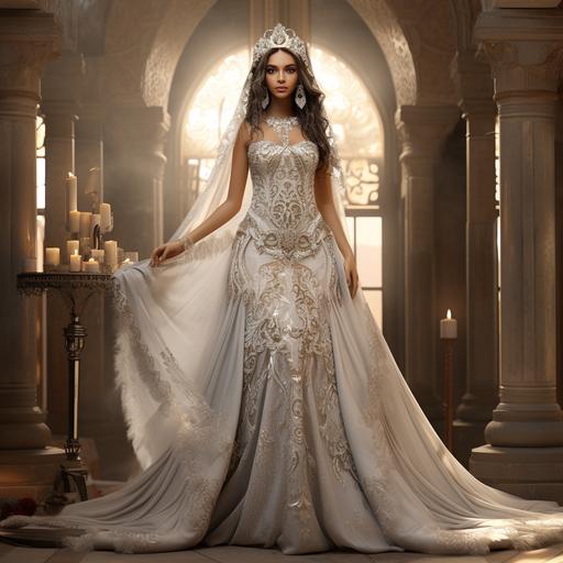Imagine a very beautiful young Egyptian girl wearing a white and silver wedding dress, embroidered with lace and satin Inspired by mermaids ball gown V 4