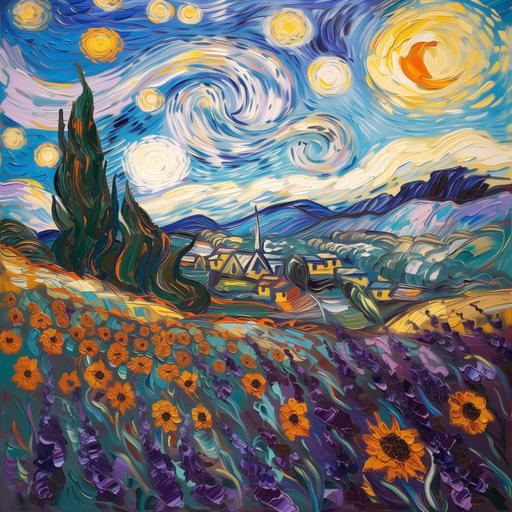 Imagine a vibrant landscape capturing the essence of a field brimming with lavender flowers and towering sunflowers under a dynamic, swirling sky. The style is deeply reminiscent of Vincent van Gogh's unique post-impressionist approach, characterized by thick, expressive brushstrokes that convey motion and emotion. The color palette is rich and intense, with deep purples of the lavender contrasting against the bright yellows and oranges of the sunflowers. The sky above mirrors this intensity with bold blues and whites, adding a sense of depth and movement that seems almost alive. The overall composition blurs the line between reality and the artist's emotional perception, inviting the viewer into a world where nature's beauty is both exaggerated and more deeply felt. --v 6.0