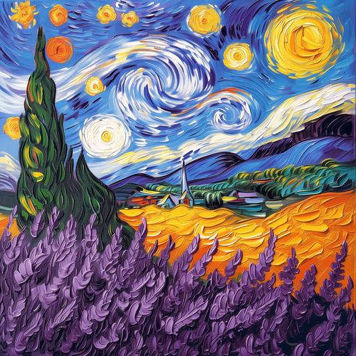 Imagine a vibrant landscape capturing the essence of a field brimming with lavender flowers and towering sunflowers under a dynamic, swirling sky. The style is deeply reminiscent of Vincent van Gogh's unique post-impressionist approach, characterized by thick, expressive brushstrokes that convey motion and emotion. The color palette is rich and intense, with deep purples of the lavender contrasting against the bright yellows and oranges of the sunflowers. The sky above mirrors this intensity with bold blues and whites, adding a sense of depth and movement that seems almost alive. The overall composition blurs the line between reality and the artist's emotional perception, inviting the viewer into a world where nature's beauty is both exaggerated and more deeply felt. --v 6.0