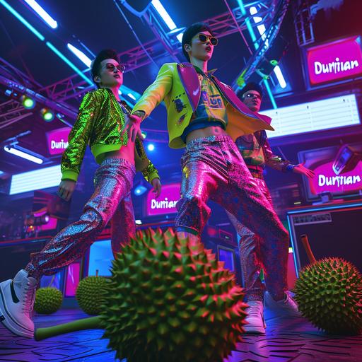 Imagine a vibrant video still from the 80s music video by the fictional boyband 
