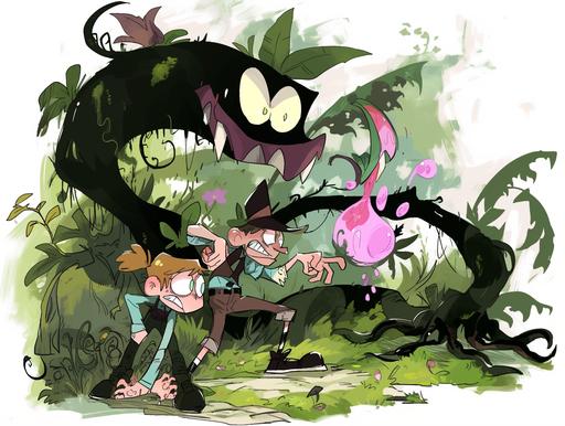 Imagine a whimsical and vibrant still from a crossover special that unites the worlds of The Fairly OddParents and The Grim Adventures of Billy & Mandy, featuring Timmy Turner and Billy transformed into Nepenthes plants. This scene captures the moment they explore their new forms in a fantastical garden, blending the unique animation styles of Maxwell Atoms and Butch Hartman:: Timmy Turner, in Nepenthes form, retains his iconic pink hat, now perched atop one of his pitchers, with his facial expressions mirrored on the side of the pitcher itself, showcasing Hartman's knack for expressive and exaggerated features. His tendrils, animated with a lively elasticity, stretch and bend as he attempts to navigate his new plant-based abilities, a look of determined curiosity on his pitcher-face:: Beside him, Billy, as a Nepenthes, embodies the exaggerated and somewhat grotesque style characteristic of Atoms' work, with a wide, toothy grin plastered across his pitcher, and his eyes, large and uneven, adding a touch of absurdity to his appearance. His tendrils are more chaotic, flailing about with a mind of their own, as he joyfully explores his new form, oblivious to the chaos he causes among the garden's insect inhabitants:: The garden around them is a blend of both artists' styles, with vibrant, exaggerated plant life and a variety of bizarre bugs that could only exist in these animated universes. The background features elements of magic and whimsy, like floating flowers and singing worms, creating a setting that is both alien and strangely inviting:: In the foreground, Wanda and Cosmo, as fairy-form Nepenthes, oversee Timmy's adventure with a mix of amusement and concern, while Grim, reluctantly dragged into this wish, stands to the side, his scythe now sprouting leaves, [...]