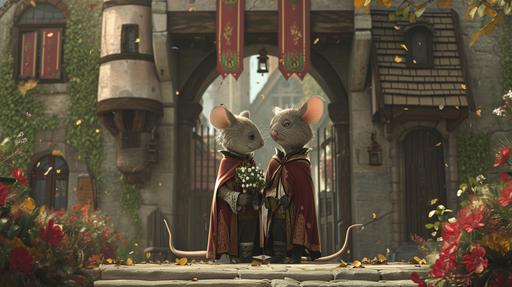 Imagine an animated still from Arthur, the beloved children's TV show by Marc Brown, but with a medieval grunge twist. The scene unfolds in the whimsical world of Elwood City, now transformed into a medieval realm. Instead of the familiar characters, picture two gay rat characters dressed in medieval grunge attire, preparing for their gay wedding ceremony. The background features a unique blend of Arthur's signature style and medieval grunge aesthetics. The buildings have a weathered appearance, adorned with unconventional graffiti and rustic details. The setting exudes a nostalgic charm with a touch of edginess. The gay rat couple stands at the center of attention, wearing medieval-inspired gay wedding outfits that reflect their personalities. The ceremony takes place in front of a medieval-style rat-sized castle, with friends and family cheering them on. The scene captures the essence of love and celebration, merging the familiar charm of Arthur with the unexpected twist of a medieval grunge rat gay wedding. The colors are a mix of Arthur's vibrant palette and muted grunge tones, creating a visually intriguing and heartwarming moment in this unique animated still. --ar 16:9 --v 6.0