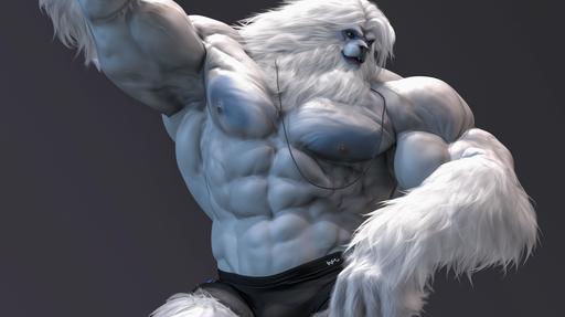 Imagine an anthropomorphic, furry humanoid Yeti taking part in a bodybuilding competition. This Yeti combines the mythical and the muscular in a spectacular way. Physique: