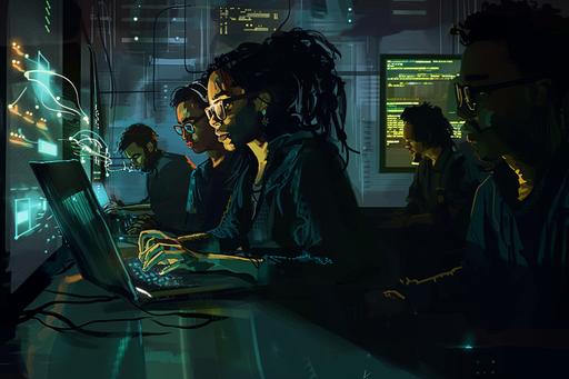 ,Imagine an illustration featuring a young computer programmer engrossed in her work, using a laptop in a dimly lit server room. Surrounding her are a couple of guys watching her in awe of her skills. The scene is infused with a sense of determination, captured in a sketch by Acir Galvão style, characterized by messy brush strokes, ink splotches, watercolor, and gouache. Integrate technological punk glitch elements to enhance the futuristic vibe of the illustration. --ar 3:2