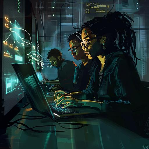 ,Imagine an illustration featuring a young computer programmer engrossed in her work, using a laptop in a dimly lit server room. Surrounding her are a couple of guys watching her in awe of her skills. The scene is infused with a sense of determination, captured in a sketch by Acir Galvão style, characterized by messy brush strokes, ink splotches, watercolor, and gouache. Integrate technological punk glitch elements to enhance the futuristic vibe of the illustration.