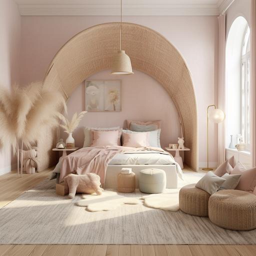 Imagine an ultra-realistic, high-definition image of a 3 x 6 meters children's room. The walls are white, and across the 6-meter axis, a large window floods the space with soft, inviting light. At the center of the room, a bed with a rattan arched headboard adorned with several pastel-toned linen textiles and an abundance of plush cushions. Flanking the bed are two oak wood bedside tables, each with a brass sconce and linen shade on top. On the wall opposite the door, a rustic wooden wardrobe stands out. The lighting is reflected in a 40 cm diameter hanging ceiling lamp, covered in white and pink striped fabric (with vertical stripes), suspended by a 6 cm wide sisal rope. On the floor, a cozy natural fiber rug completes the space. The image is captured from the front of the bed, showcasing every detail with exceptional clarity, emphasizing the warmth of the room and the delicacy of its design.
