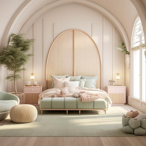 Imagine an ultra-realistic, high-definition image of a 3 x 6 meters children's room. The walls are white, and across the 6-meter axis, a large window floods the space with soft, inviting light. At the center of the room, a bed with a rattan arched headboard adorned with several pastel-toned linen textiles and an abundance of plush cushions. Flanking the bed are two oak wood bedside tables, each with a brass sconce and linen shade on top. On the wall opposite the door, a rustic wooden wardrobe stands out. The lighting is reflected in a 40 cm diameter hanging ceiling lamp, covered in white and pink striped fabric (with vertical stripes), suspended by a 6 cm wide sisal rope. On the floor, a cozy natural fiber rug completes the space. The image is captured from the front of the bed, showcasing every detail with exceptional clarity, emphasizing the warmth of the room and the delicacy of its design.