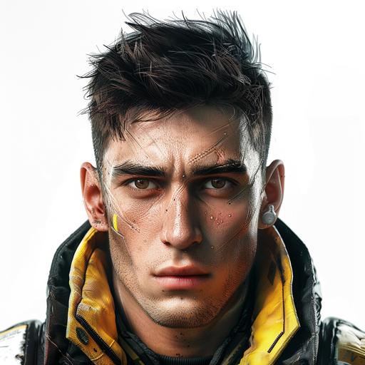 Imagine the face of a motion-designer: a young European guy in a panama and add 5% detail to it - deep lines on the face, like in the game cyberpunk 2077. The background of the image is white. Style: 3D, realistic computer graphics. Point of view: full face --v 6.0