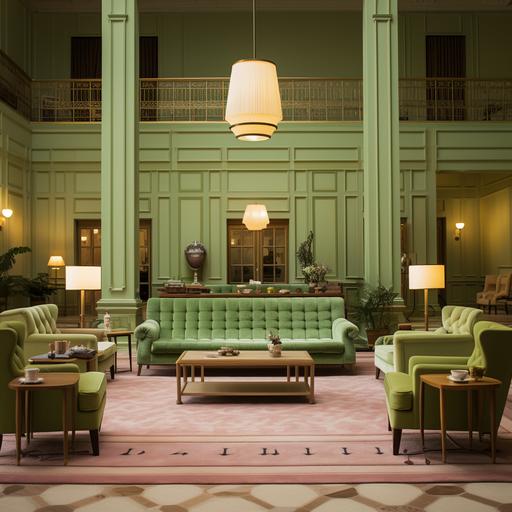 Imagine the living room inside the hotel from the movie The Grand Hotel Budapest by film director Wes Anderson, a living room perfectly combined in light green colors and Wallnut wood color in the aesthetics of Wes Andrso. A room inside the hotel from the movie The Grand Hotel Budapest