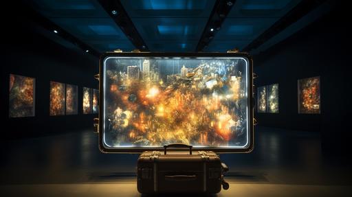Immersive art installation with a big open suitcase displaying a digital screen in a light museum-like room. --ar 16:9