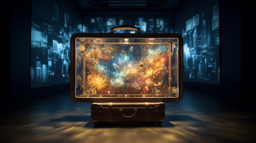 Immersive art installation with a big open suitcase displaying a digital screen in a light museum-like room. --ar 16:9