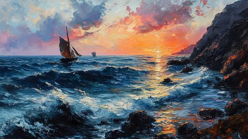 Impressionism. Manet Oil Painting. Seaside at sunset. Time of Day: Dusky twilight, Mood: Reflective, Color Palette: Warm hues of orange, pink, and lavender. 1209 1222a --ar 16:9 --s 750 --v 6.0