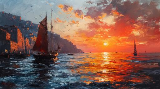 Impressionism. Monet Oil Painting. Seaside at sunset. Time of Day: Dusky twilight, Mood: Reflective, Color Palette: Warm hues of orange, pink, and lavender. 1209 1222a --ar 16:9 --s 750 --v 6.0