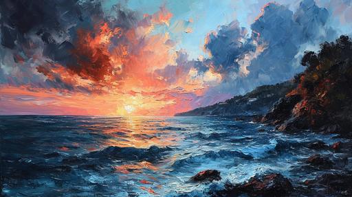 Impressionism. Renoir Oil Painting. Seaside at sunset. Time of Day: Dusky twilight, Mood: Reflective, Color Palette: Warm hues of orange, pink, and lavender. 1209 1222a --ar 16:9 --s 750 --v 6.0