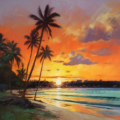 Impressionist oil painting, Very simple, La Romana Dominican Republic beach front with Palm trees and happy people, Bold colors, Dusk --v 5.2