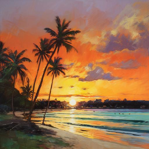 Impressionist oil painting, Very simple, La Romana Dominican Republic beach front with Palm trees and happy people, Bold colors, Dusk --v 5.2