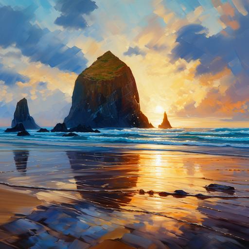 Impressionist oil painting, beautiful, dramatic, Haystack rock in Cannon beach sunset