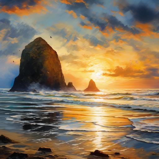 Impressionist oil painting, beautiful, dramatic, Haystack rock in Cannon beach sunset