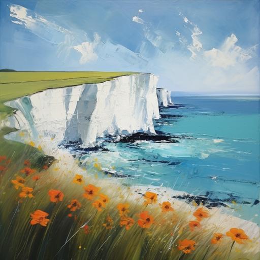 Impressionist painting, minimalist, dramatic, beautiful, abstract, dense blue pinkish and orange flowers, Summers day Seven Sisters Chalk Cliffs