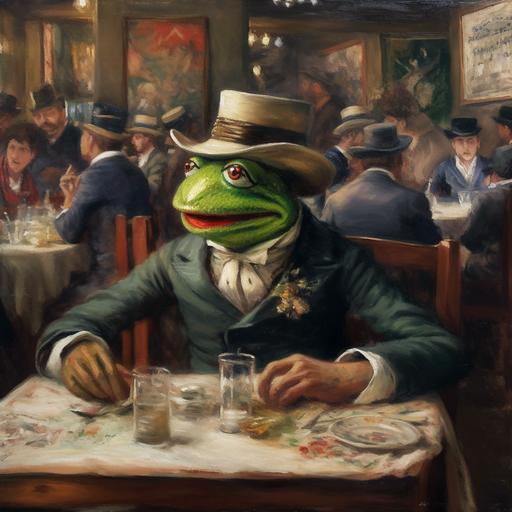 Impressionist painting of Kermit the Frog, eating plates of worms in a Paris bosozoku bistro in 1898, painted by Pierre-Auguste Renoir. in style of Bosozoku --upbeta --v 5 --q 2 --s 250