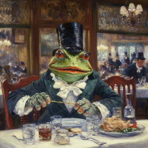 Impressionist painting of Kermit the Frog, eating plates of worms in a Paris bosozoku bistro in 1898, painted by Pierre-Auguste Renoir. in style of Bosozoku --upbeta --v 5 --q 2 --s 250
