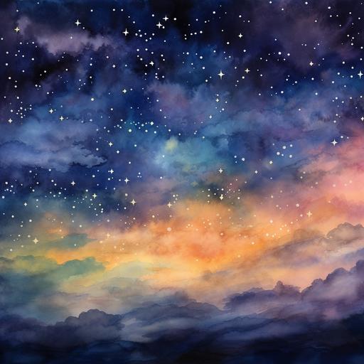 Impressionistic watercolor painting of a starry sky with aurora borealis, warm and dark colors --no trees, snow, landscape, boat, water