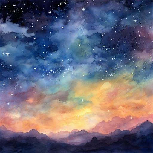 Impressionistic watercolor painting of a starry sky with aurora borealis, warm and dark colors --no trees, snow, landscape, boat, water
