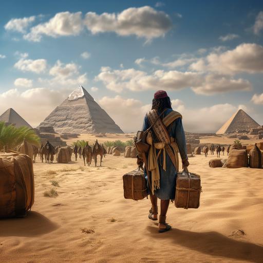 In 17th century , back veiw of france male mid 30s return to ancient egypt after a long journey holding his luggage,full HD