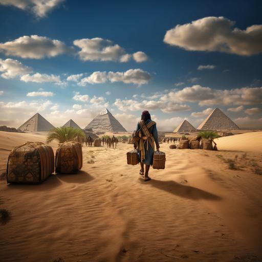 In 17th century , back veiw of france male mid 30s return to ancient egypt after a long journey holding his luggage,full HD