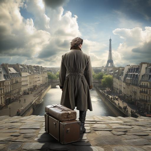 In 17th century , back veiw of male mid 30s return to france,paris after a long journey holding his luggage,full HD